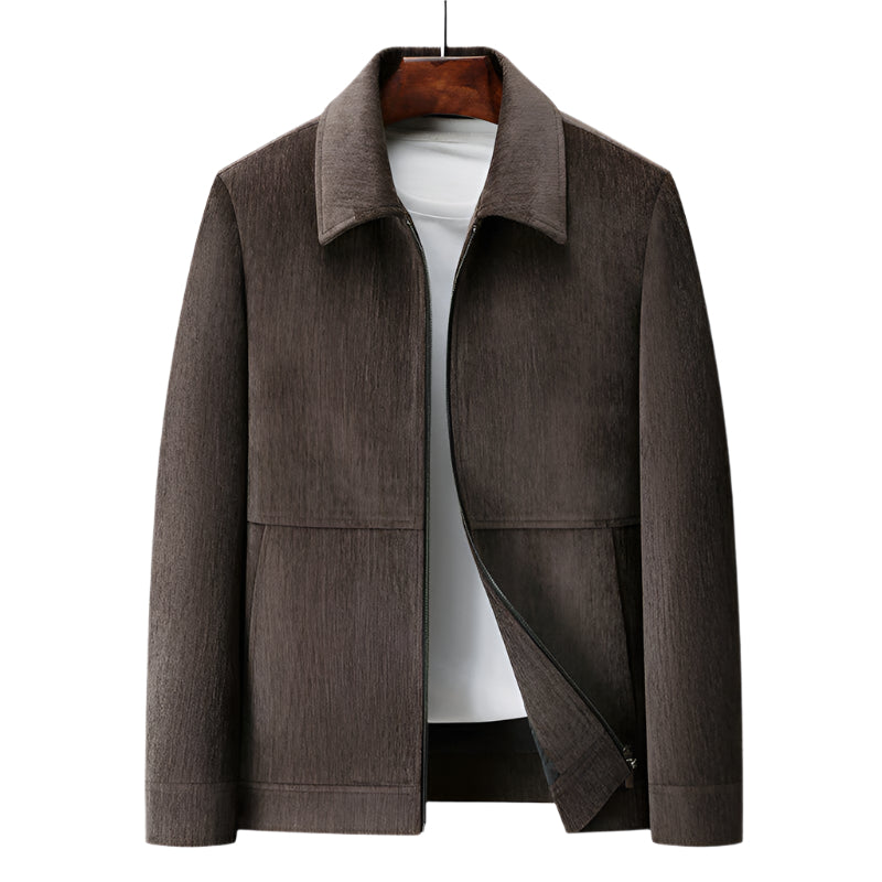 Brown jacket on a hanger against a white background
