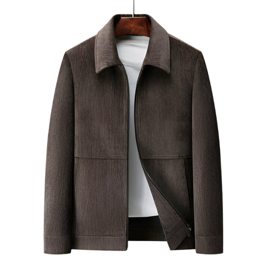 Brown jacket on a hanger against a white background