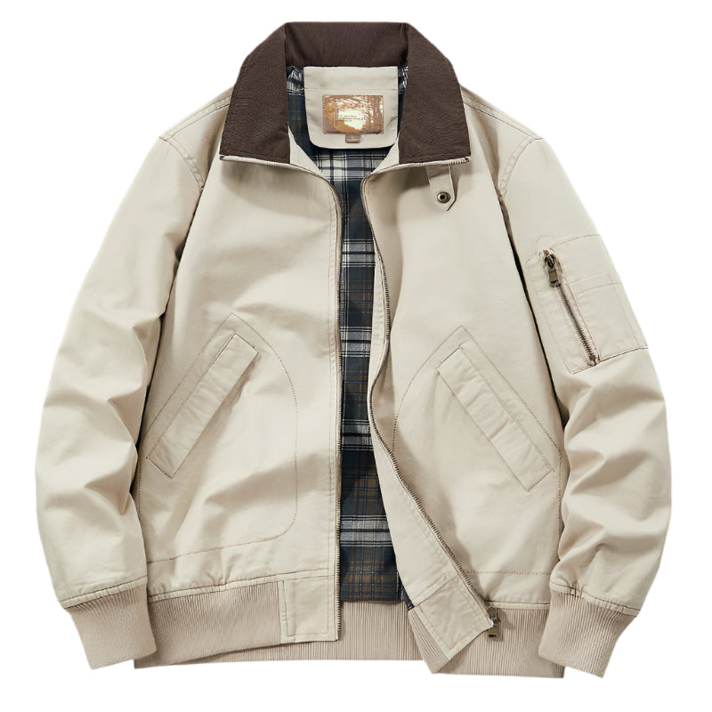 Beige jacket with plaid lining on a dark background