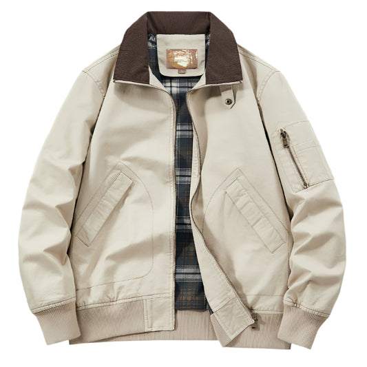 Beige jacket with plaid lining on a dark background