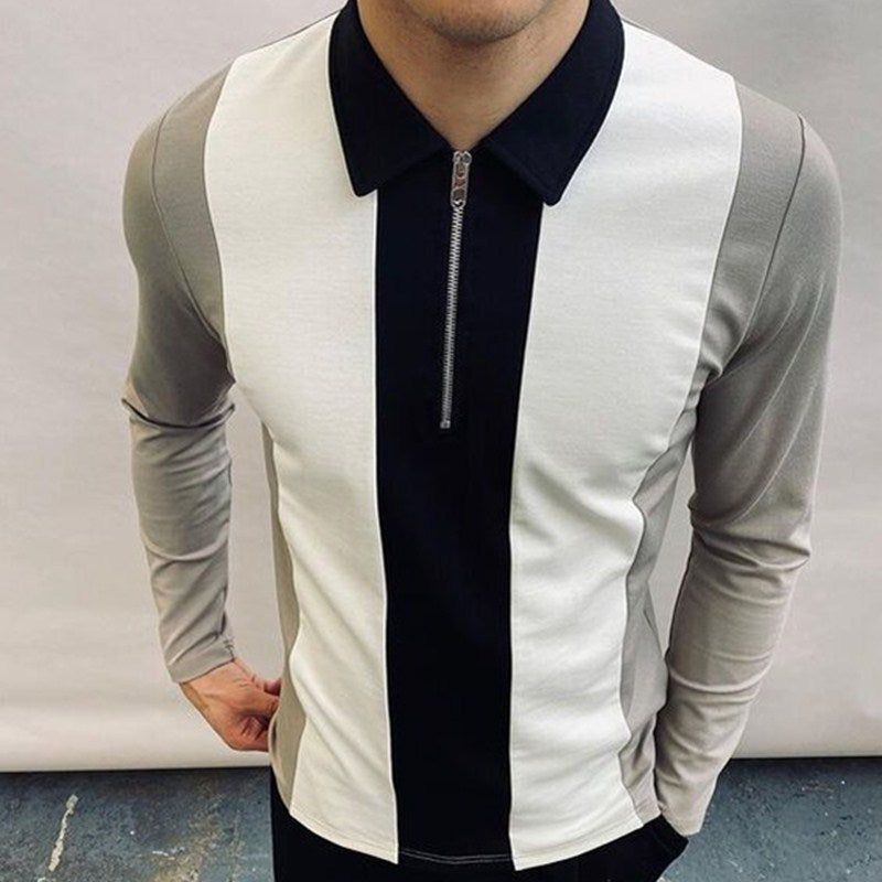 Men's Colorblock Zipper Lapel Long Sleeve