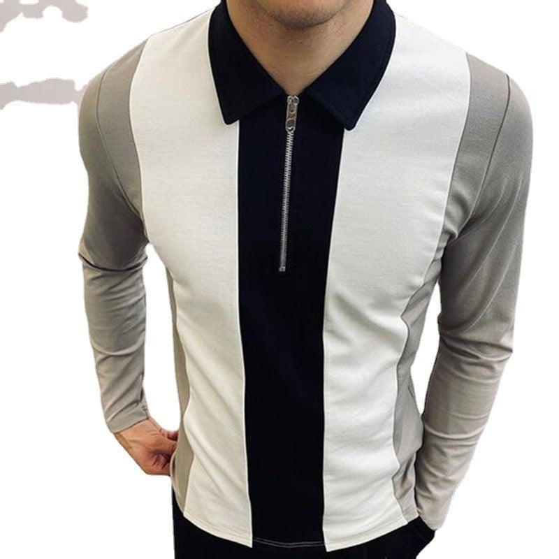 Men's Colorblock Zipper Lapel Long Sleeve