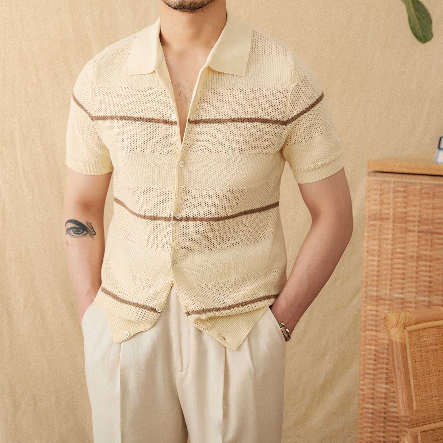 Lapel Casual Fashion Cotton Short Sleeve Knitted Cardigan