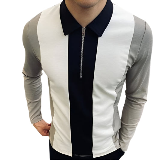 Men's Colorblock Zipper Lapel Long Sleeve